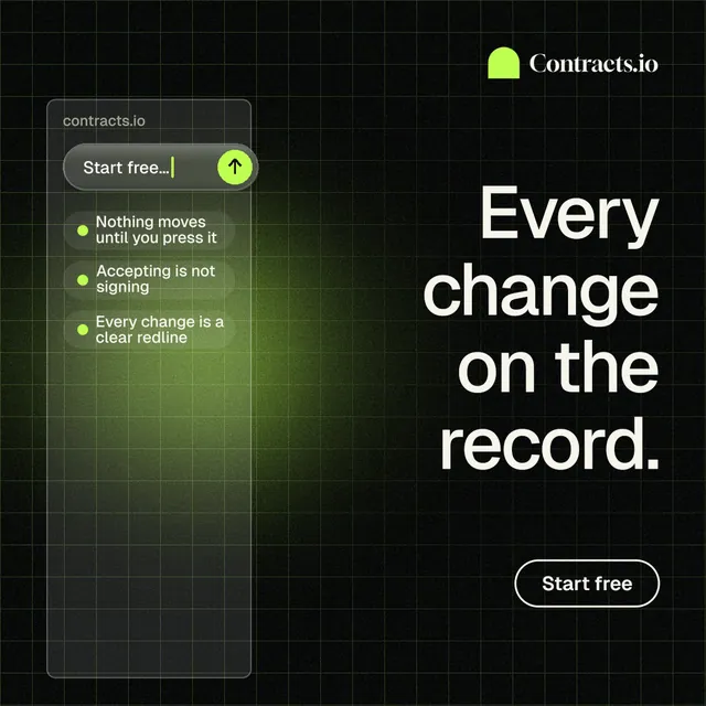 Instagram post for contracts.io: "Every change on the record." Phosphor atlas style, right layout, dark palette in black, grey.