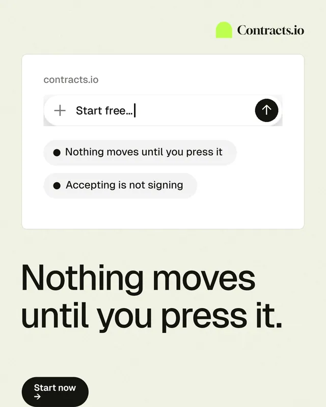 Instagram portrait post for contracts.io: "Nothing moves until you press it." Data card style, bottom layout, light palette in white, grey.