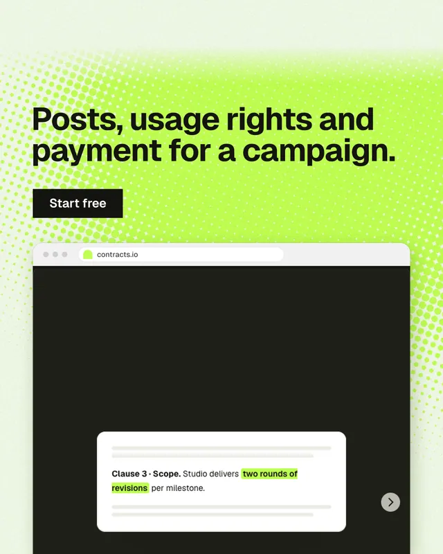 Instagram portrait post for contracts.io: "Posts, usage rights and payment for a campaign." Swiss style, browser layout, light palette in white, black, green.