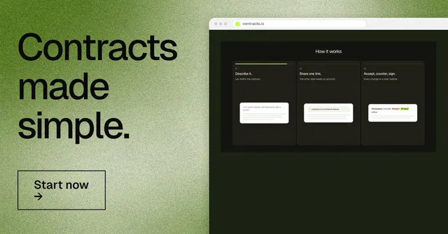 Social ad for contracts.io: "Contracts made simple." Cyanotype style, browser layout, dark palette in black, green.