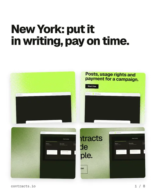 Carousel for contracts.io: "New York: put it in writing, pay on time.". Collection carousel, 8 slides, light palette.