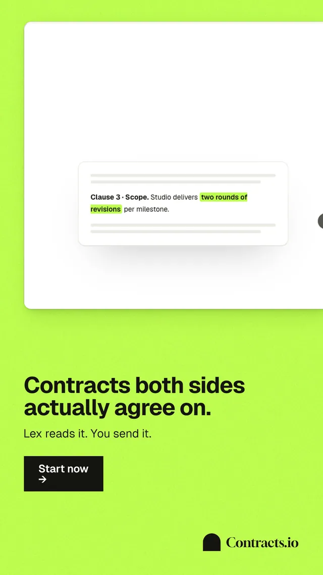 Instagram story for contracts.io: "Contracts both sides actually agree on." Swiss style, bottom layout, light palette in green, white.