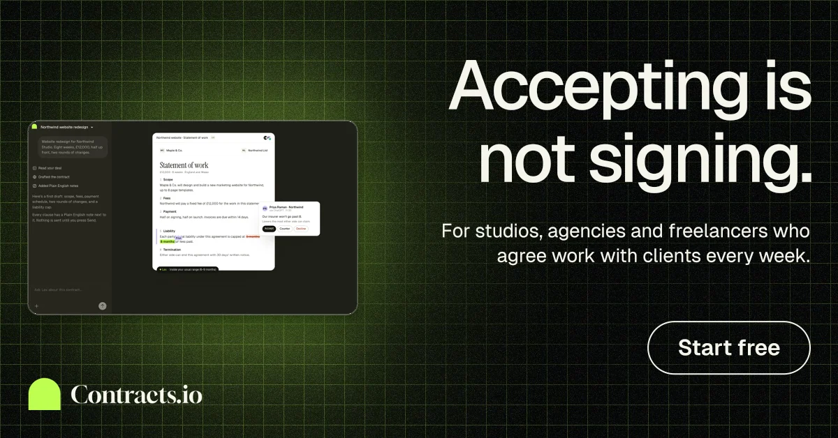 Social ad for contracts.io: "Accepting is not signing." Phosphor atlas style, right layout, dark palette in black, green, grey.