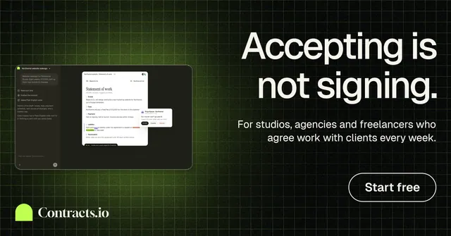Social ad for contracts.io: "Accepting is not signing." Phosphor atlas style, right layout, dark palette in black, green, grey.
