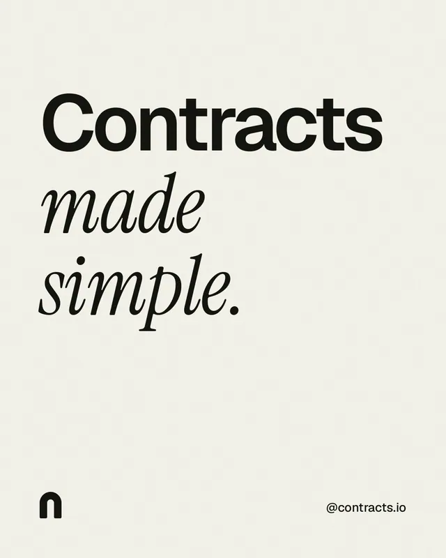 Instagram portrait post for contracts.io: "Contracts made simple." Editorial style, technique:mixed type lockup layout, light palette in white, grey.