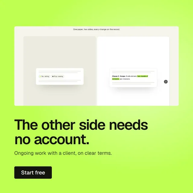 Video for contracts.io: "The other side needs no account.". Doc motion loop, 8.0 s, light palette.