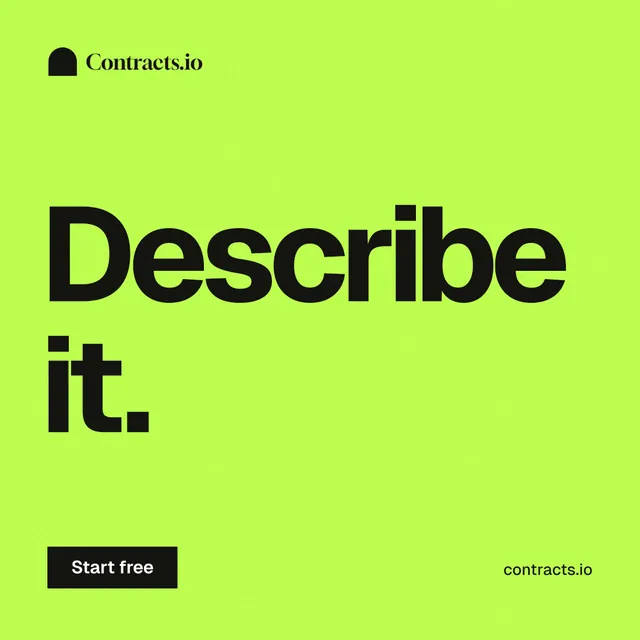 Instagram post for contracts.io: "Describe it." Swiss style, poster layout, light palette in green.