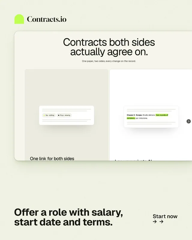 Instagram portrait post for contracts.io: "Offer a role with salary, start date and terms." Swiss style, image led layout, light palette in yellow, white, grey.