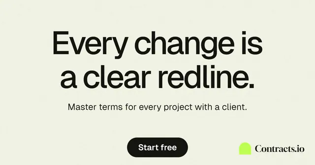 Social ad for contracts.io: "Every change is a clear redline." Data card style, centred layout, light palette in white, grey.