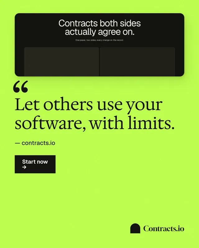 Instagram portrait post for contracts.io: "Let others use your software, with limits." Swiss style, quote layout, light palette in green, black.