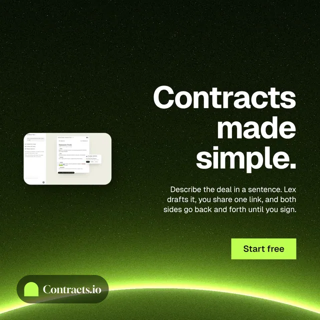 Instagram post for contracts.io: "Contracts made simple." Swiss style, right layout, dark palette in green, black.