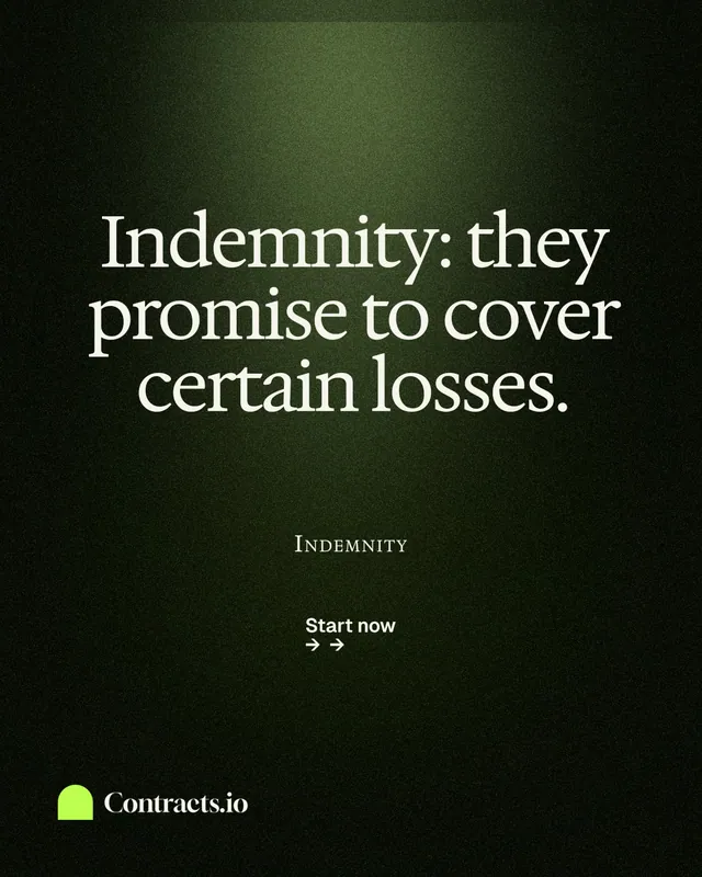 Instagram portrait post for contracts.io: "Indemnity: they promise to cover certain losses." Dark deco style, smallcaps layout, dark palette in black, grey.