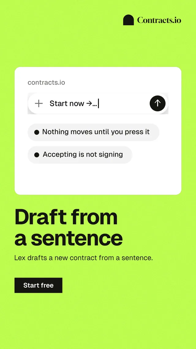 Instagram story for contracts.io: "Draft from a sentence". Swiss style, bottom layout, light palette in white, green.