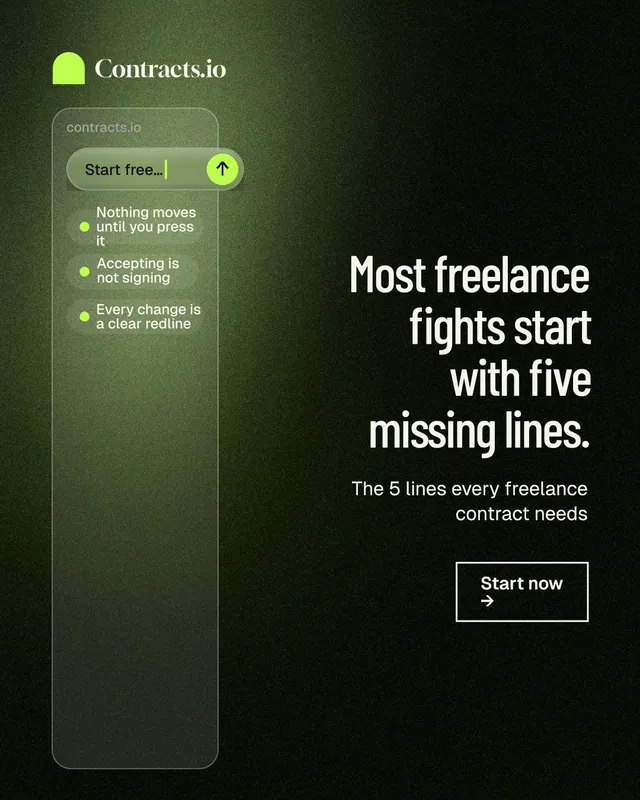 Instagram portrait post for contracts.io: "Most freelance fights start with five missing lines." Dark deco style, right layout, dark palette in black, green.