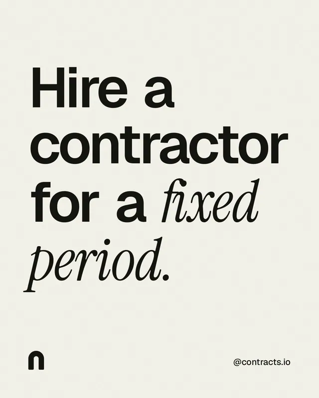 Instagram portrait post for contracts.io: "Hire a contractor for a fixed period." Editorial style, technique:mixed type lockup layout, light palette in white, grey.