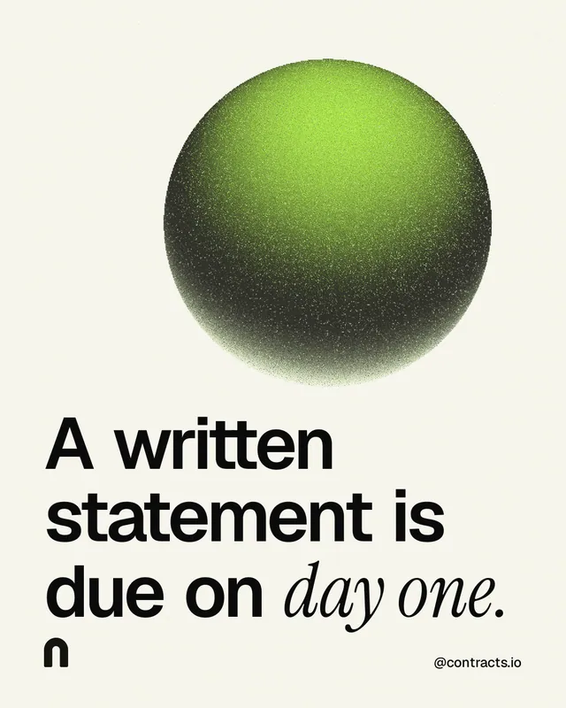 Instagram portrait post for contracts.io: "A written statement is due on day one." Auto 4x5 style, technique:shader field layout, light palette in white, grey.