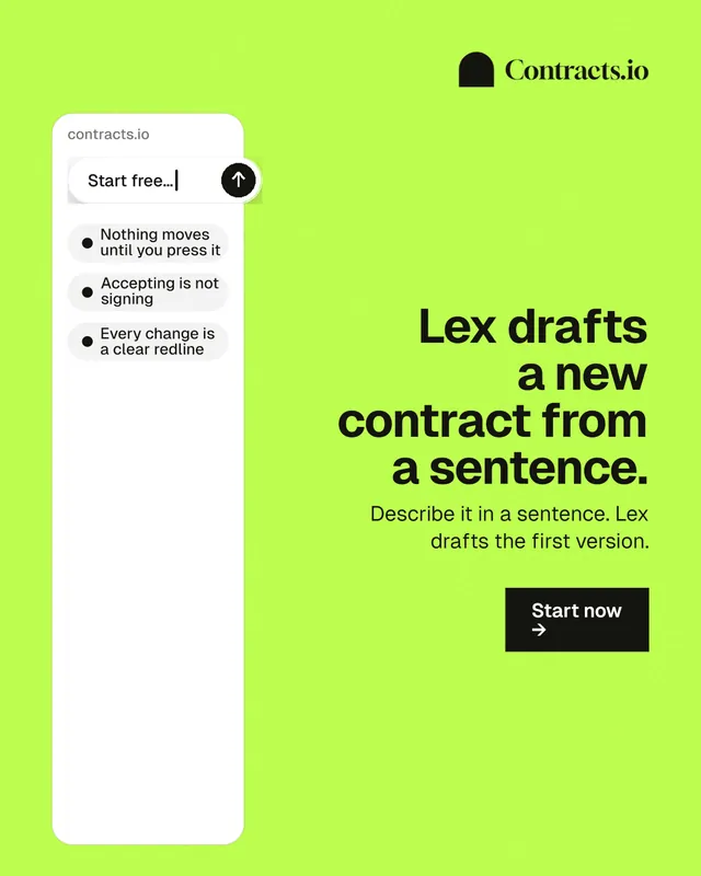 Instagram portrait post for contracts.io: "Lex drafts a new contract from a sentence." Swiss style, right layout, light palette in green, white.