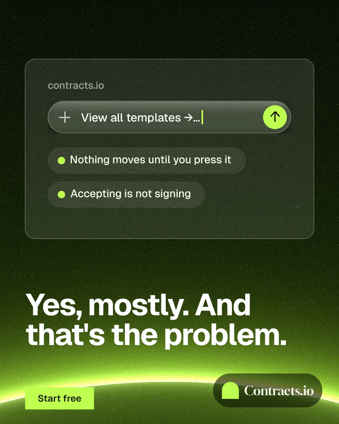 Instagram portrait post for contracts.io: "Yes, mostly. And that's the problem." Swiss style, bottom layout, dark palette in green, black.