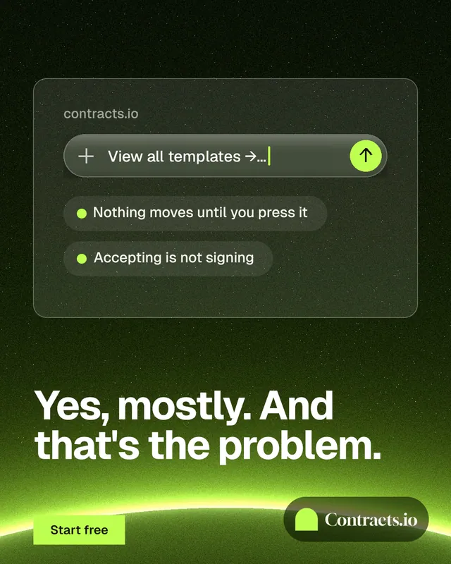 Instagram portrait post for contracts.io: "Yes, mostly. And that's the problem." Swiss style, bottom layout, dark palette in green, black.