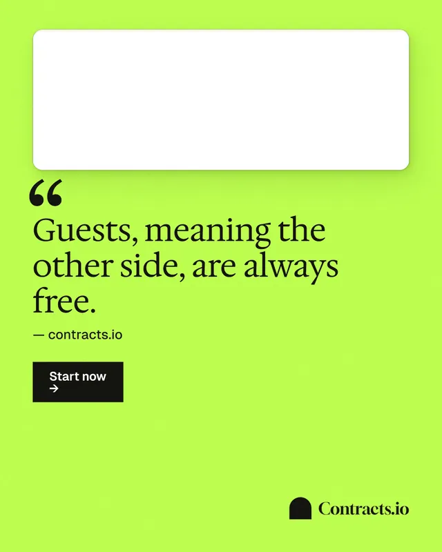 Instagram portrait post for contracts.io: "Guests, meaning the other side, are always free." Swiss style, quote layout, light palette in green, white.
