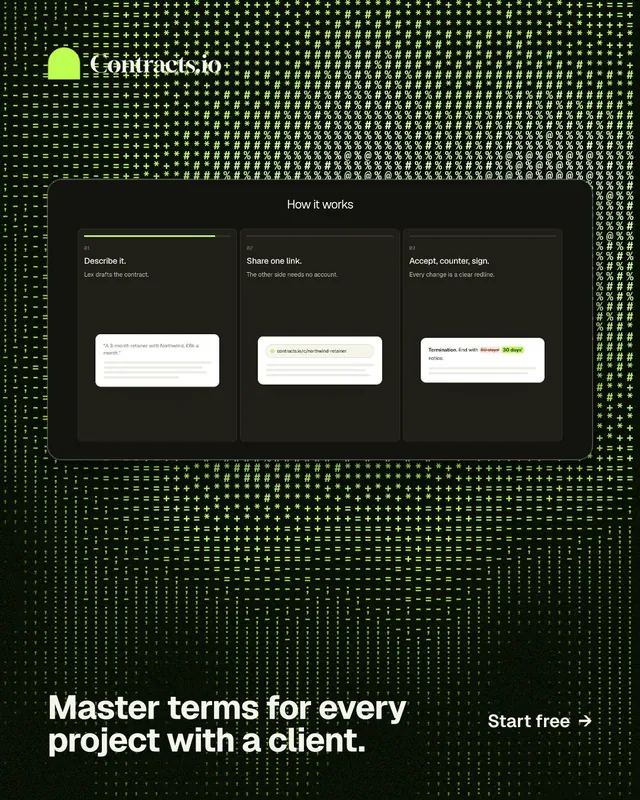 Instagram portrait post for contracts.io: "Master terms for every project with a client." Swiss style, image led layout, dark palette in black, green, grey.