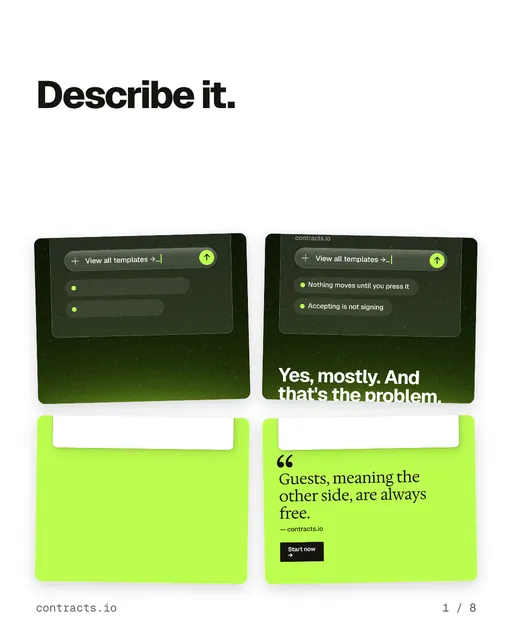 Carousel for contracts.io: "Describe it.". Collection carousel, 8 slides, light palette.