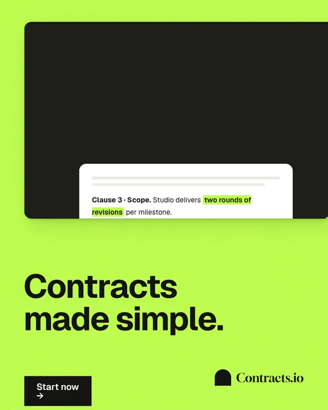 Instagram portrait post for contracts.io: "Contracts made simple." Swiss style, bottom layout, light palette in green, black.