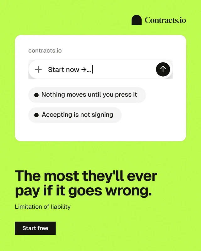 Instagram portrait post for contracts.io: "The most they'll ever pay if it goes wrong." Swiss style, bottom layout, light palette in green, white.