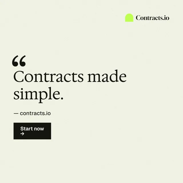 Instagram post for contracts.io: "Contracts made simple." Swiss style, quote layout, light palette in white, yellow.