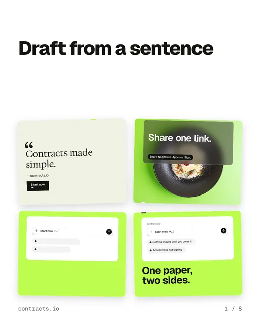 Carousel for contracts.io: "Draft from a sentence". Collection carousel, 8 slides, light palette.