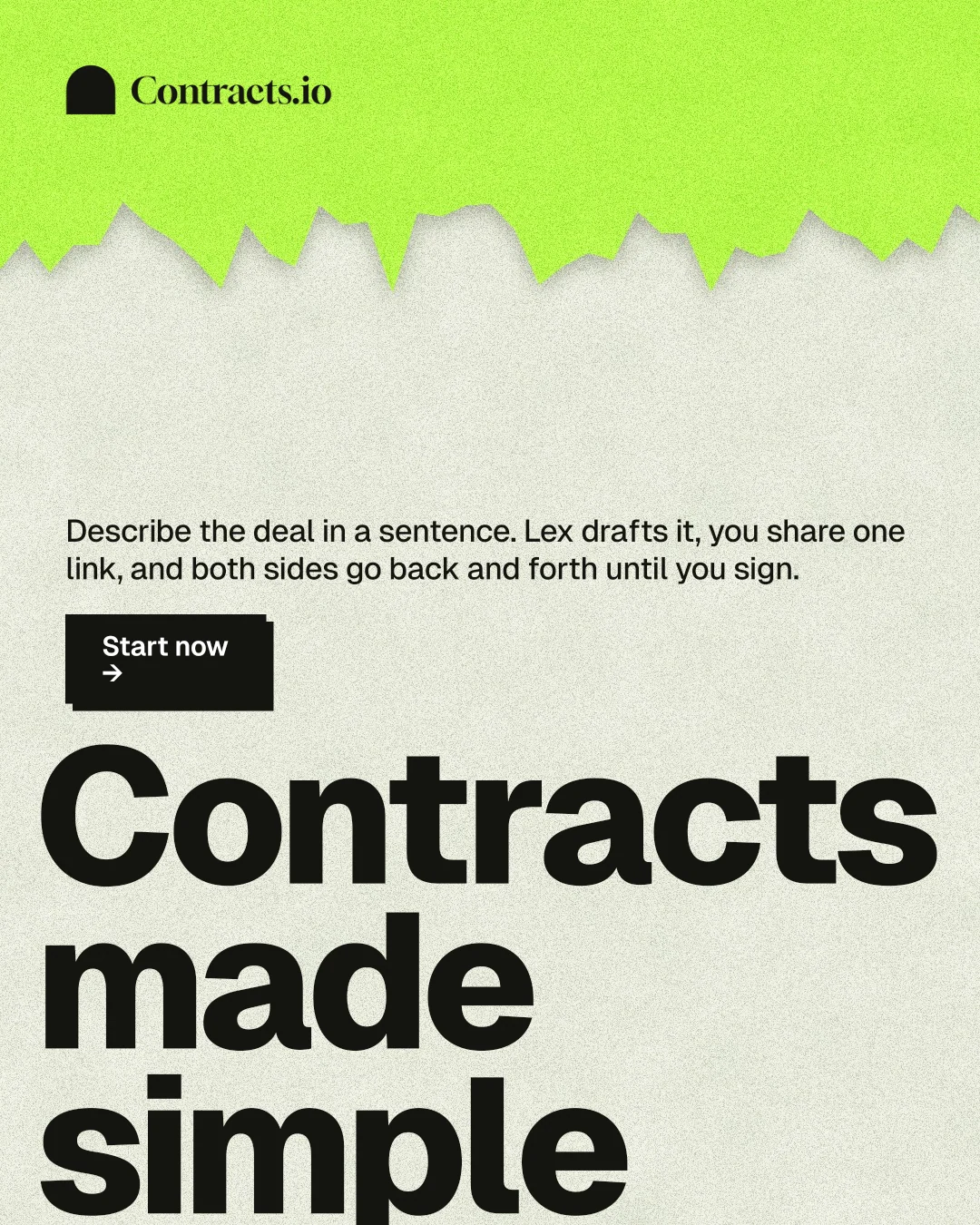 Instagram portrait post for contracts.io: "Contracts made simple." Paper trio style, oversized layout, light palette in green, grey.