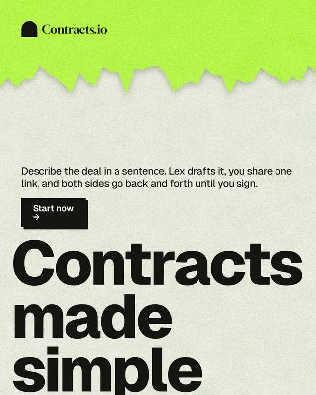 Instagram portrait post for contracts.io: "Contracts made simple." Paper trio style, oversized layout, light palette in green, grey.