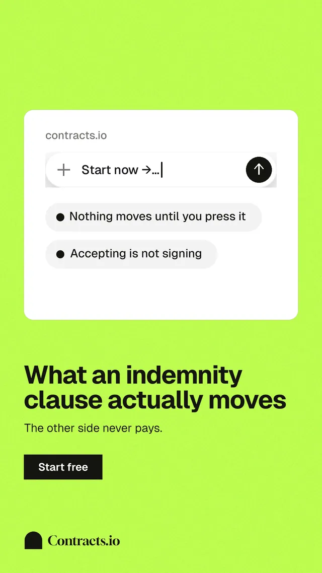 Instagram story for contracts.io: "What an indemnity clause actually moves". Swiss style, bottom layout, light palette in white, green.