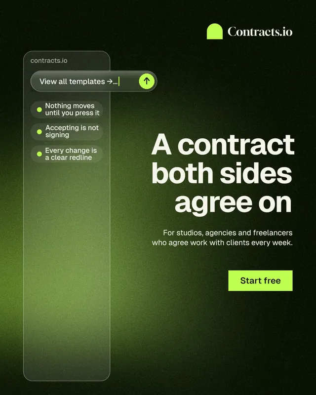 Instagram portrait post for contracts.io: "A contract both sides agree on". Swiss style, right layout, dark palette in black, green.