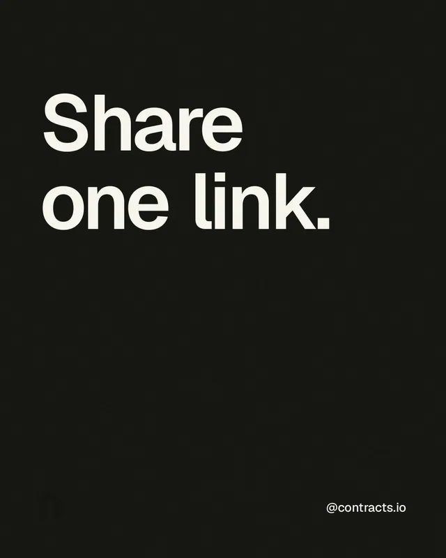 Instagram portrait post for contracts.io: "Share one link." Editorial style, technique:mixed type lockup layout, dark palette in black.