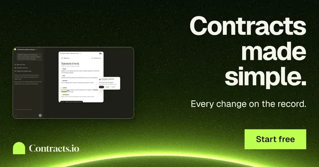 Social ad for contracts.io: "Contracts made simple." Swiss style, right layout, dark palette in black, green.
