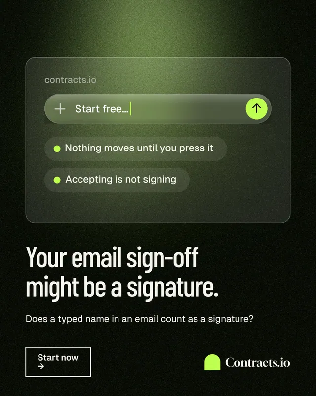 Instagram portrait post for contracts.io: "Your email sign-off might be a signature." Dark deco style, bottom layout, dark palette in black, green.