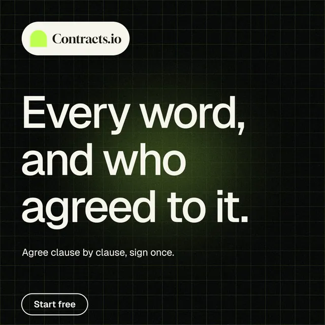Instagram post for contracts.io: "Every word, and who agreed to it." Phosphor atlas style, announce layout, dark palette in black, green, grey.