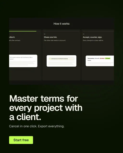 Video for contracts.io: "Master terms for every project with a client.". Doc motion loop, 7.0 s, dark palette.