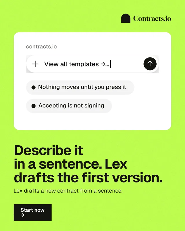 Instagram portrait post for contracts.io: "Describe it in a sentence. Lex drafts the first version." Swiss style, bottom layout, light palette in green, white.