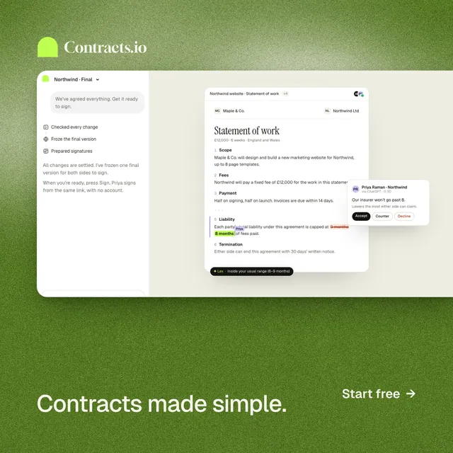 Instagram post for contracts.io: "Contracts made simple." Cyanotype style, image led layout, light palette in white, green.