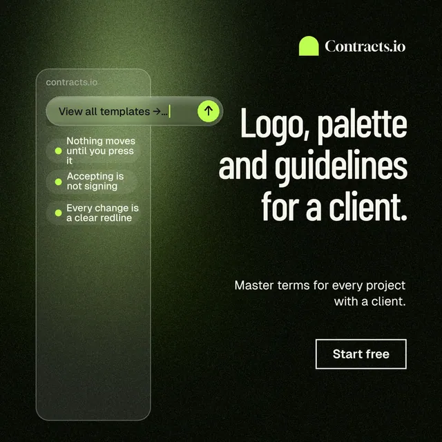Instagram post for contracts.io: "Logo, palette and guidelines for a client." Dark deco style, right layout, dark palette in black, green, grey.