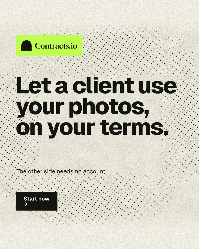 Instagram portrait post for contracts.io: "Let a client use your photos, on your terms." Ink sticker style, announce layout, light palette in white, yellow, grey.