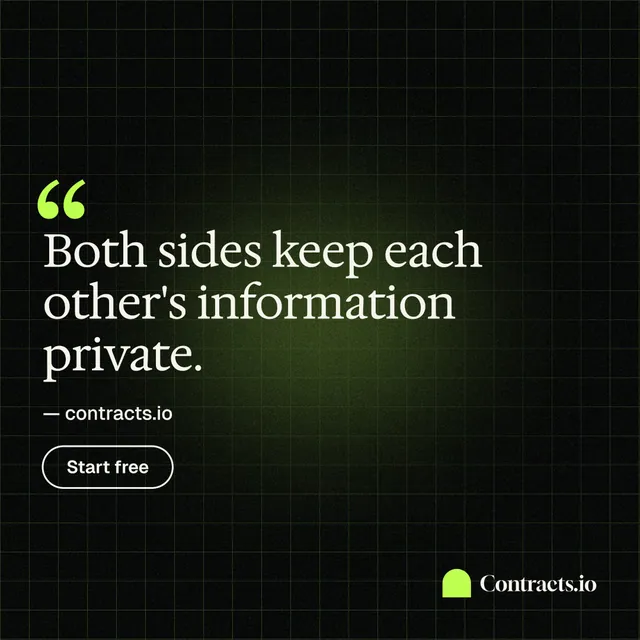 Instagram post for contracts.io: "Both sides keep each other's information private." Phosphor atlas style, quote layout, dark palette in black, grey.