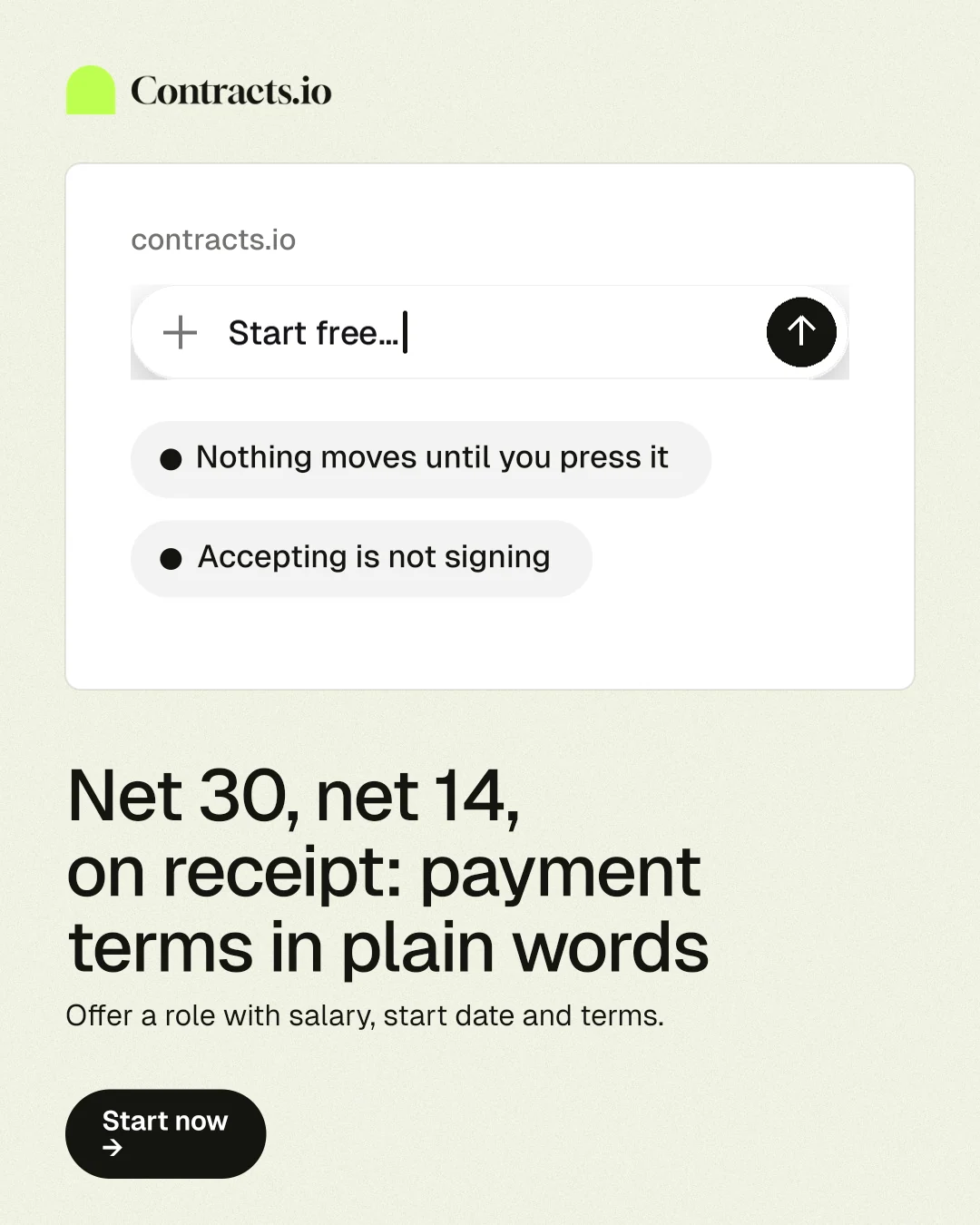 Instagram portrait post for contracts.io: "Net 30, net 14, on receipt: payment terms in plain words". Data card style, bottom layout, light palette in white, grey.