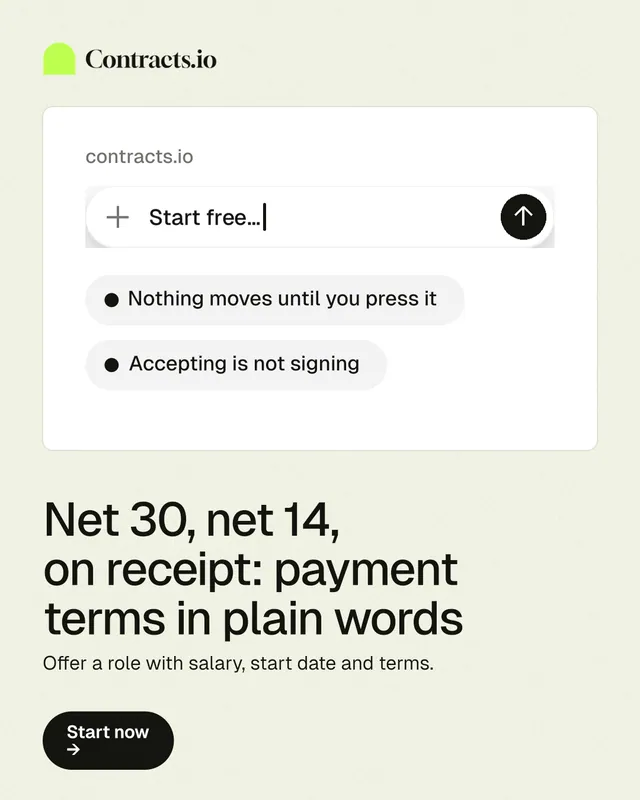 Instagram portrait post for contracts.io: "Net 30, net 14, on receipt: payment terms in plain words". Data card style, bottom layout, light palette in white, grey.