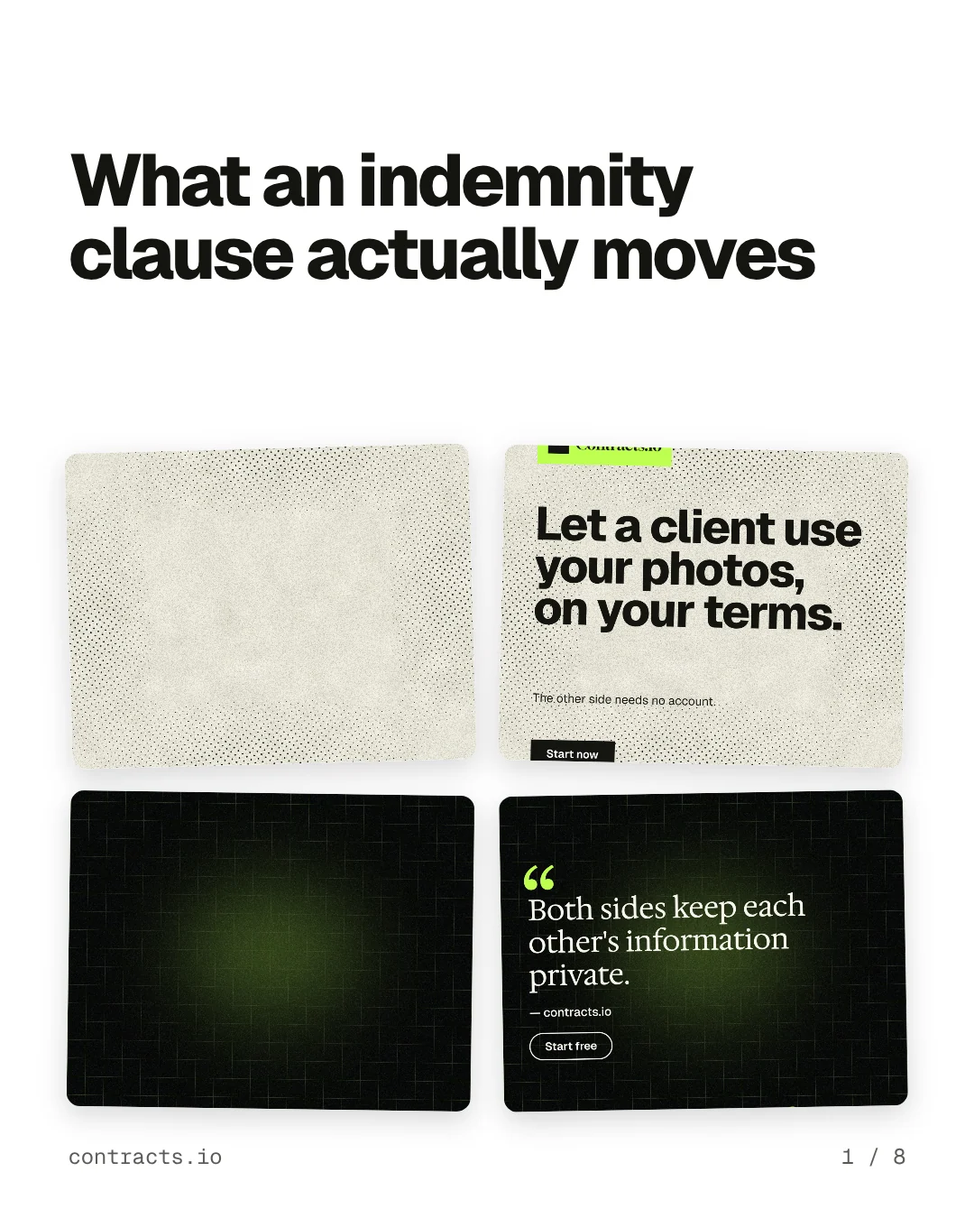 Carousel for contracts.io: "What an indemnity clause actually moves". Collection carousel, 8 slides, light palette.