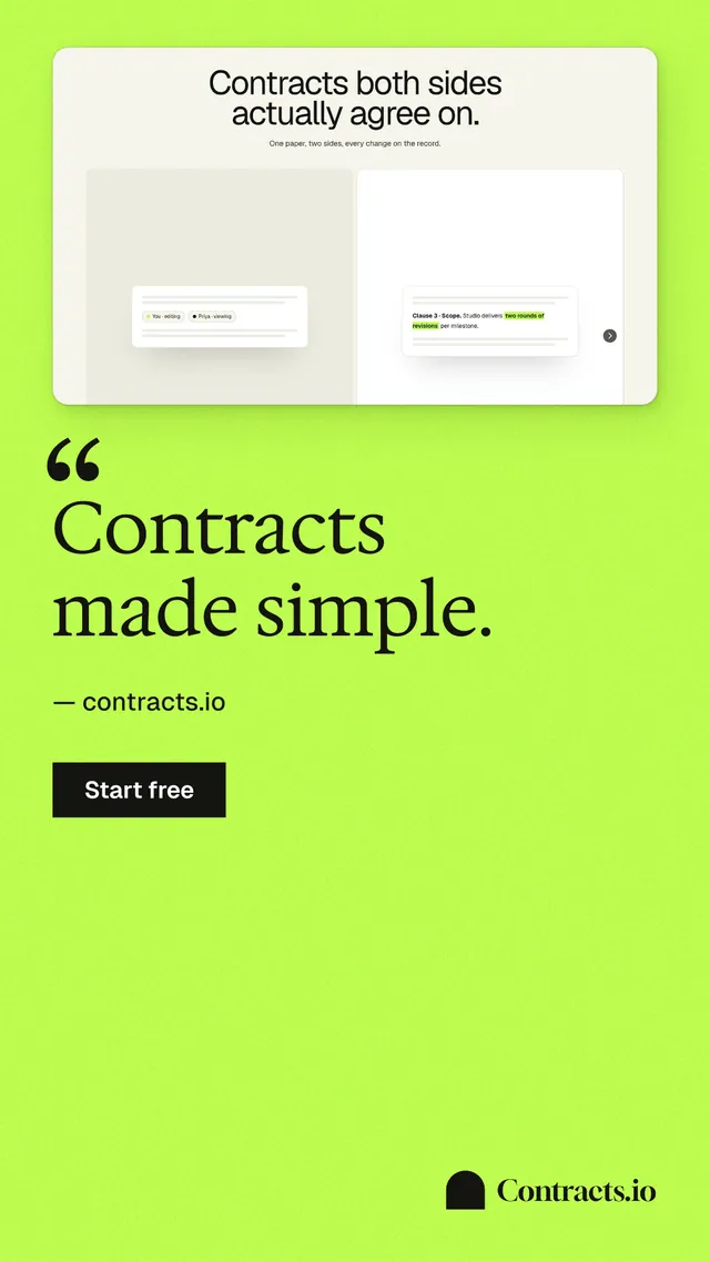 Instagram story for contracts.io: "Contracts made simple." Swiss style, quote layout, light palette in green.