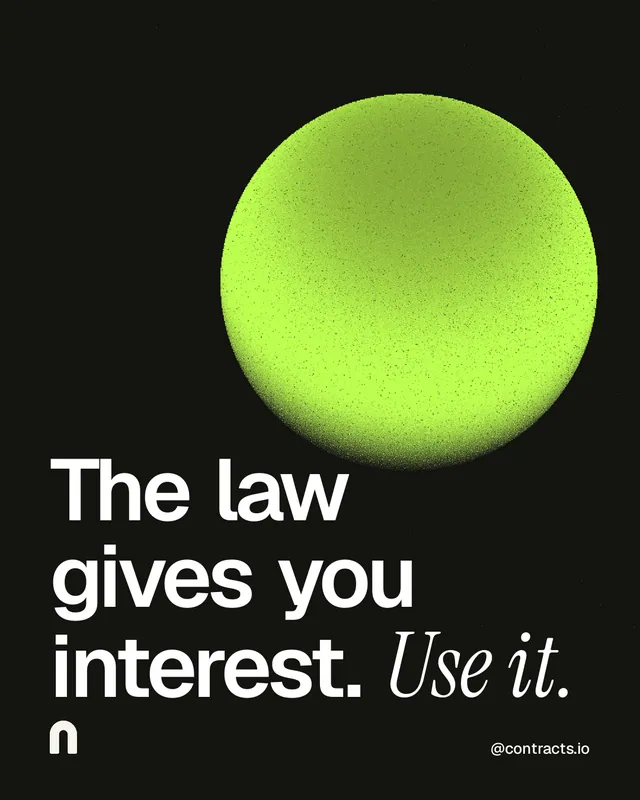 Instagram portrait post for contracts.io: "The law gives you interest. Use it." Auto 4x5 style, technique:shader field layout, dark palette in black, green.
