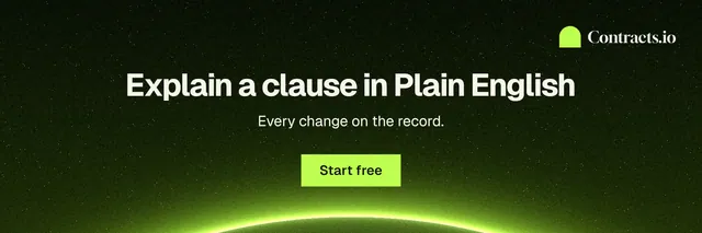 X header for contracts.io: "Explain a clause in Plain English". Swiss style, centred layout, dark palette in black, green.
